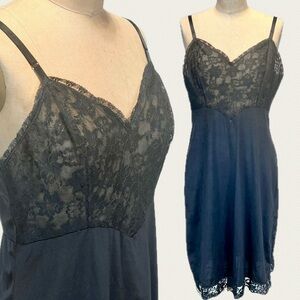 VINTAGE 60s black lace nylon nightgown dress slip midi adjustable strap lingerie
